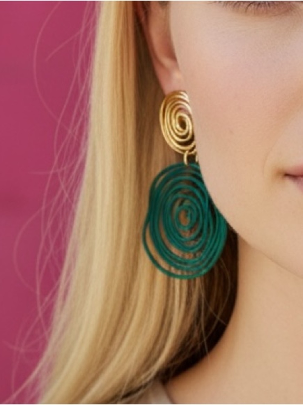 "Kendra" Asymmetrical Retro Hoop Gold Turquoise Abstract Art Geometric Earrings - Picture 7 of 7